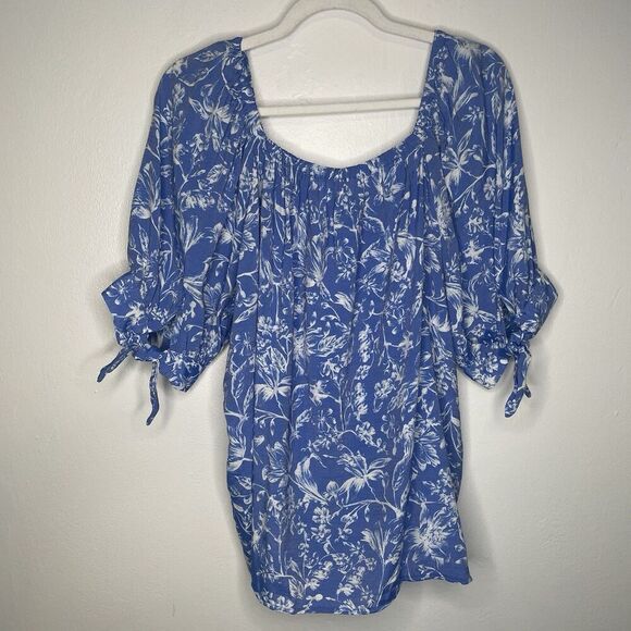 Lauren Conrad Blue White Floral Fairycore  Button‎ Down RayonBlend Top SZ XXL - Picture 3 of 13